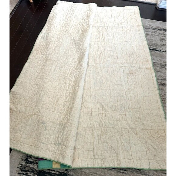 Antique Hand Stitched Square Patchwork Lattice Quilt Cream Backing 64W X 74L Rck - Picture 11 of 12